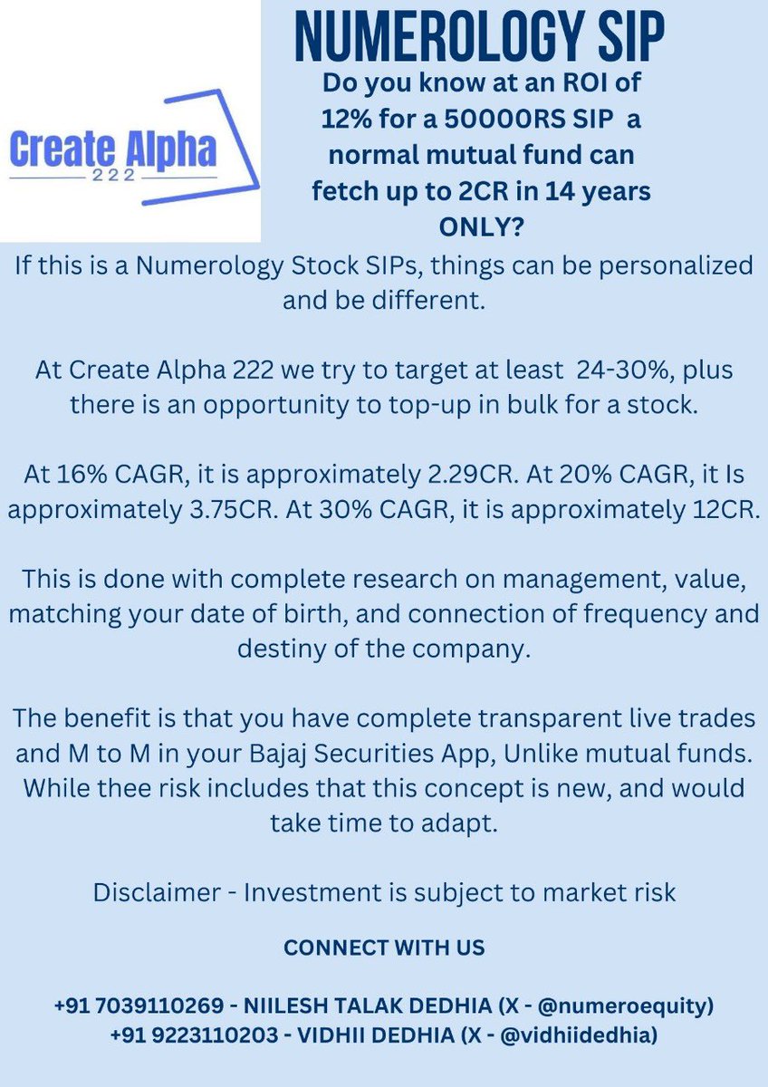 We have a #startup , where we can connect destiny and frequency , with #Numerology 
#Equity
#DataScience 
#Sip
#Buyinbulk 
#Createalpha 
Connect with us professionally for this project 
For #Abundance 
First project on this planet
@createalpha222 our new Business I'd