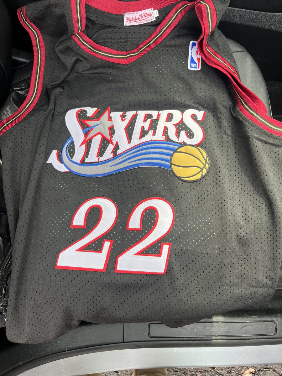 kinrzla's tweet photo. We’re heading to the game Sunday for your return to Philly. Let’s grab a pregame pic Pat! We made custom Pat Bev Iverson era Sixers jerseys you’re our favorite player! @patbev21 @rone @PatBevPod https://t.co/CEYzPLv4mr