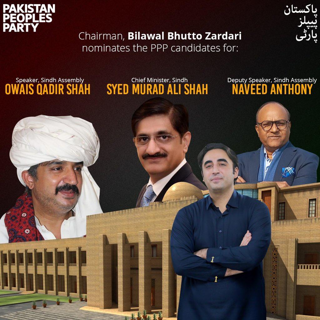 MediaCellPPP's tweet photo. صوبہ سندھ میں وزیراعلیٰ کے عہدے کے لیے مراد علی شاہ، اسپیکر کے لیے سید اویس شاہ اور ڈپٹی اسپیکر کے منصب کے لیے نوید انتھونی، پاکستان پیپلز پارٹی کے امیدوار نامزد
@MuradAliShahPPP 
@awais_shah01 
@anthonynaveed1 https://t.co/2FhGW8Y86R