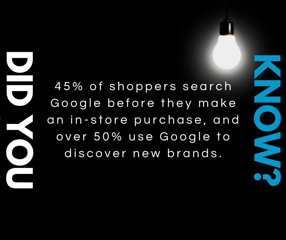 JigstudioCr8ive's tweet photo. Did you know?: That 45% of shoppers search Google before making in-store purchases? 🛍️ And over 50% use Google to discover new brands! 🌟 Stay ahead of the game and make sure your business is visible online. 📱💻 #GoogleSearch #OnlinePresence #BrandDiscovery #search #Webdesign https://t.co/cP6Ir90sLW