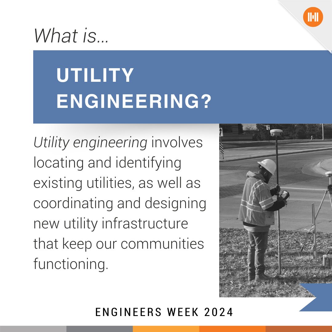 For our final #EWeek feature, we are spotlighting #utilities engineering, which focuses on locating, designing, and maintaining critical utility infrastructure such as fiber optic systems, sewer systems, natural gas lines, and more. 

lnkd.in/gnhfsyu4.
#EngineersWeek2024