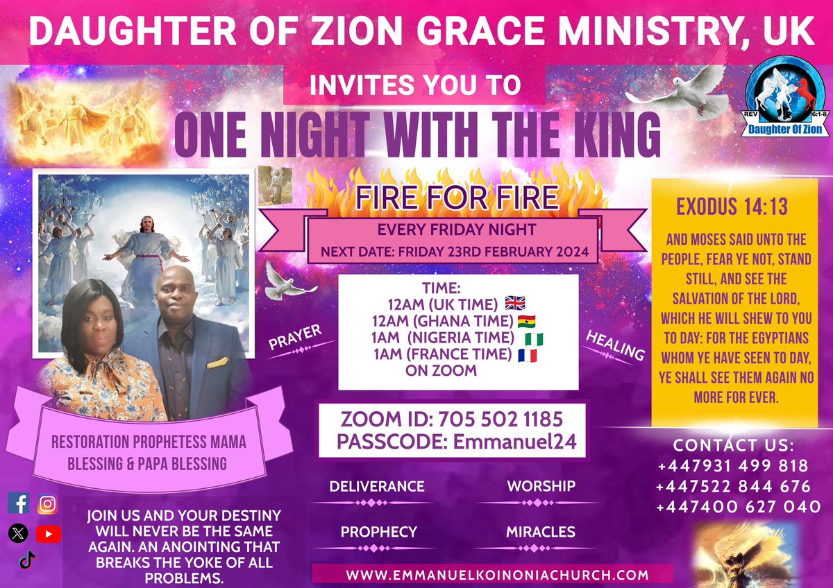 Emmanuel_C22's tweet photo. Come and join us for One Night with The King! A Great Prophetic All Night Service. A Night where the Lord uses the Prophetic Unction upon Restoration Prophetess Mama Blessing to go to root of all problems and provide a solution to ALL YOUR PROBLEMS. 

Join us on Zoom https://t.co/u6n3OdeRjT