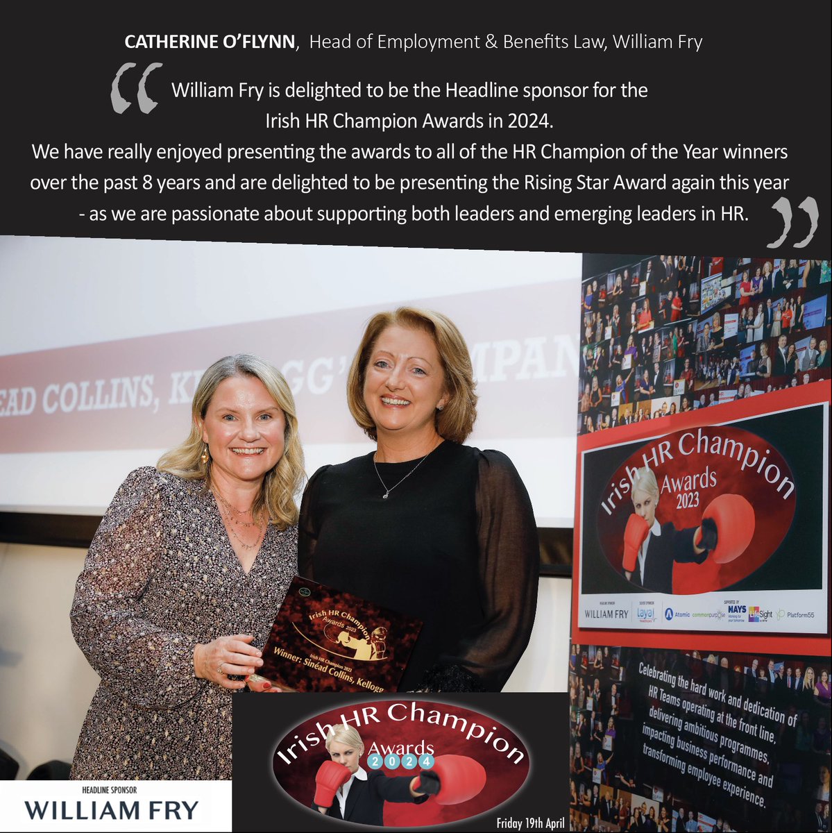 HRChampAwards's tweet photo. The Irish HR Champion Awards are v lucky to have @williamfrylaw as headline sponsor since 2016 - presenting the HR Champion of the Year Award, hosting our launches &amp; our Winners’ Dinners. With their support, the Awards have become a much celebrated recognition of excellence in HR https://t.co/y2vrdJqCNv