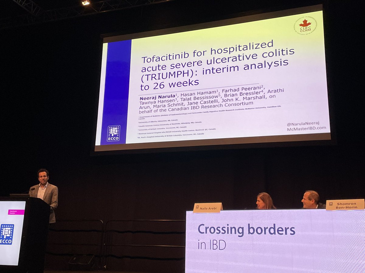 TRIUMPH study evaluating the efficacy of tofacitinib in ASUC. Congratulations to @NarulaNeeraj for presenting the data on behalf of the @CIRC_CCRM investigators #ECCO2024 @DiscoverIBD @marshllj @PfizerCA