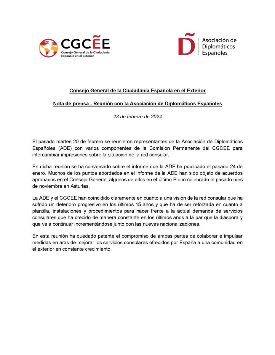 Consejo General de la Ciudadanía Española en el Exterior
se reunió con la Asociación de Diplomáticos Españoles el 20/02/2024.