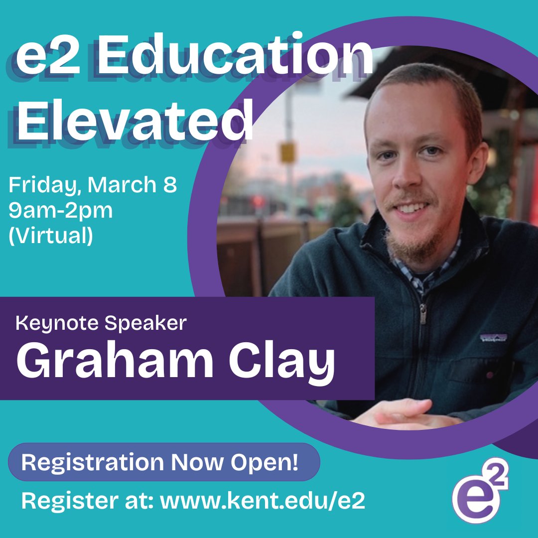 CTLkent's tweet photo. Register now to secure your chance to listen to this year's e2 Education Elevated keynote speaker, Graham Clay! Graham Clay, Ph.D., is a teaching assistant professor of Philosophy at the University of North Carolina at Chapel Hill. 
Register Here: https://t.co/7yABuYAu1U https://t.co/F3bwHbtMy6