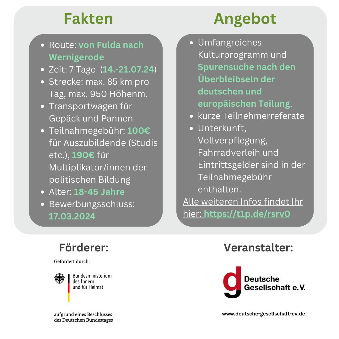 DtGesellschaft's tweet photo. 🚴‍♂️🌿 Vom 14.-21. Juli 2024 geht's auf Bildungsradreise – von Fulda nach Wernigerode. Erfahrt die Spuren der 🇩🇪&amp;🇪🇺 Teilung &amp; diskutiert die Einheit. Für junge Entdecker/innen (18-45 J.) | 7 Tage Natur, Geschichte &amp; Kultur. 📅 Anmeldeschluss: 17.03.24. Mehr: https://t.co/Z85ICXy9L1 https://t.co/5OxS2sOqNj