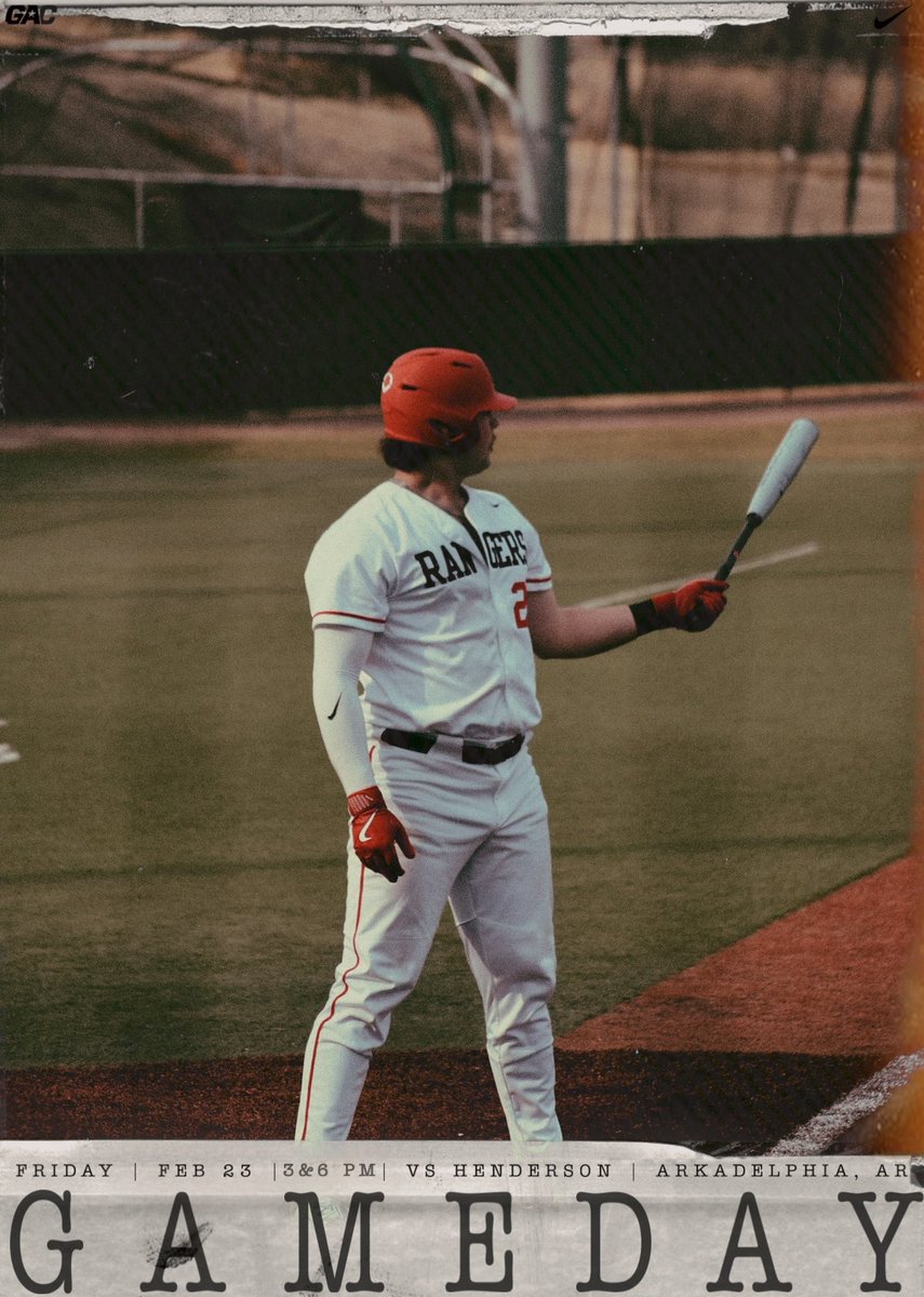 NWOSUBaseball's tweet photo. GAME DAY. 

February 23, Doubleheader starting @ 3:00 PM 
@ Henderson State University, Arkadelphia, AR 

#riderangersride https://t.co/Xsh1Yy4Plr
