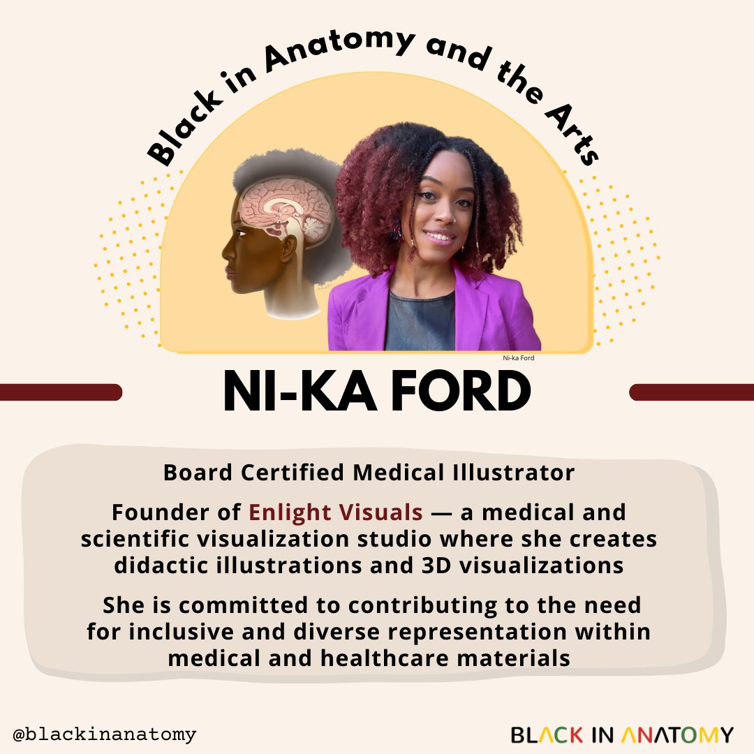 Today, we celebrate Ni-ka Ford (@Enlight_Visuals) in our #BlackinAnatArt series for #BlackHistoryMonth! Ni-ka is a board certified medical illustrator and contributes often as a #BlackinAnat member. Learn more about Ni-ka and her work on her website: enlightvisuals.com