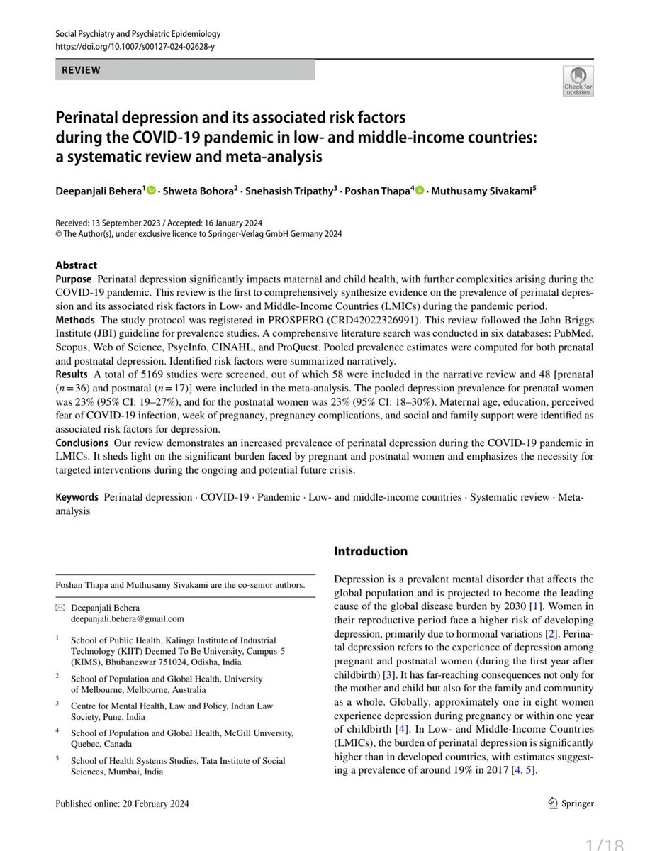 Hot off press! With @drdeepanjalib and others in @SpringerNature #Perinatal depression is real and is a much neglected area in LMICs! #perinatalmentalhealth #Perinatal @AnantBhan @globalpmh @Mundra08 @CMHLPIndia