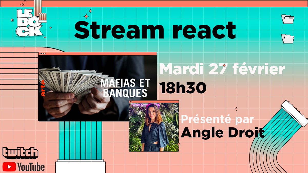 ARTEfr's tweet photo. .@AngleDroit_ sera mardi la marraine de #LeDock pour un stream react autour du documentaire « Mafias et banques » 💰  

🔗ttv/artefr  

1/2 https://t.co/Ric6PLPCw4