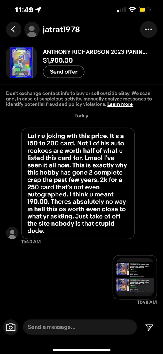 AlexKovSports's tweet photo. The store account just got this lovely eBay message. Jatrat1978 doesn’t seem very happy with our prices 😞 https://t.co/K5z9ggZqyl