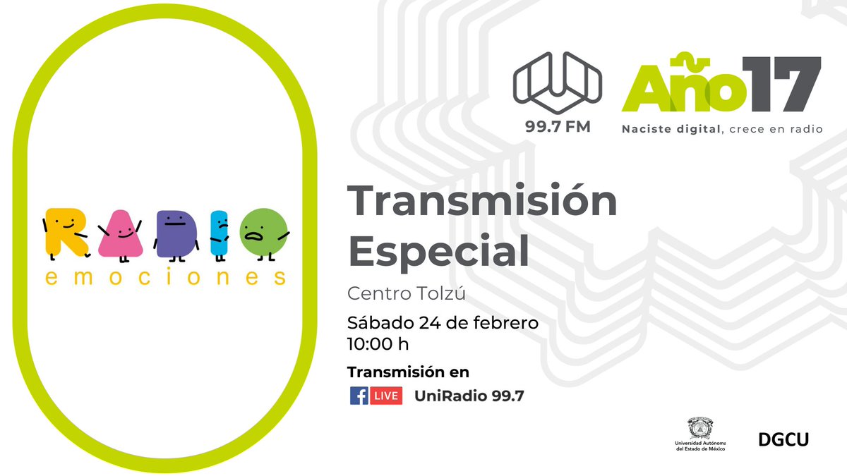 ¡Seguimos celebrando el 17 aniversario de <a href="/UniRadio997FM/">UniRadio</a>! Acompáñanos en la transmisión especial de Radio Emociones.
📆24 de febrero
⏰10 h 
📍<a href="/CentroTolzu/">Centro Tolzú</a>

#SomosUAEMéx💚💛