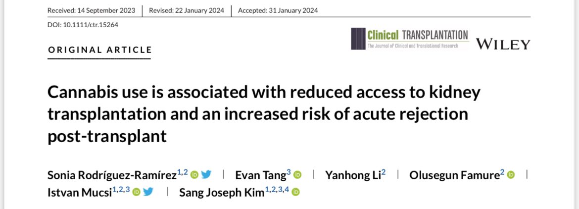 Cannabis users have less access to kidney transplantation and an increased risk of acute rejection, possibly leading to more graft loss 👇🏻

<a href="/CliniTransplant/">Clinical Transplantation</a> 
<a href="/sjosephkim/">Joseph Kim</a> 
<a href="/mucsist/">istvan mucsi</a> 
<a href="/UHNTransplant/">Ajmera Transplant Centre UHN</a>