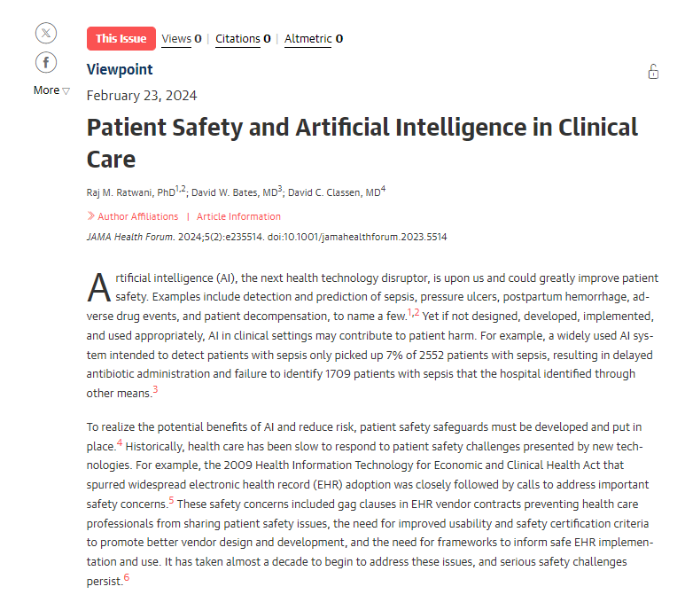 What healthcare #AI safety guardrails are critical for @POTUS' executive order safety framework? @RajRatwani, @DBatesSafety & David Classen describe 3 considerations in @JAMAHealthForum: - Implementation guidelines - Monitoring - Traceability Read more: shorturl.at/fhkpE