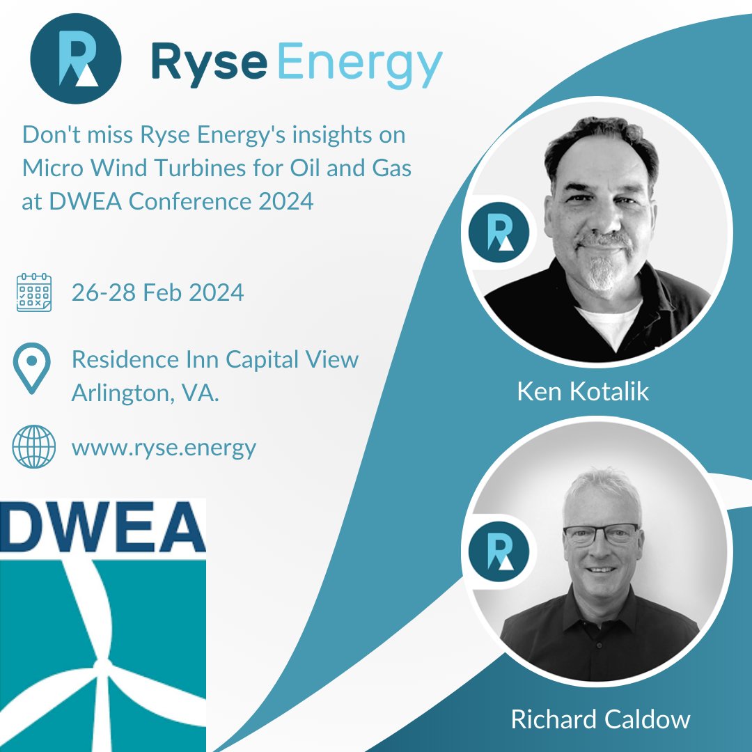 RyseEnergy's tweet photo. Ryse Energy is attending @DWEA Conference 2024. 

Ken Kotalik &amp; Richard Caldow will be in attendance, where Ken Kotalik will discuss Micro Wind Turbines for Oil &amp; Gas. Learn about distributed wind projects' cost, performance &amp; economic factors. 

#DWEA #RenewableEnergy #WindPower https://t.co/KKlM4y2XNl