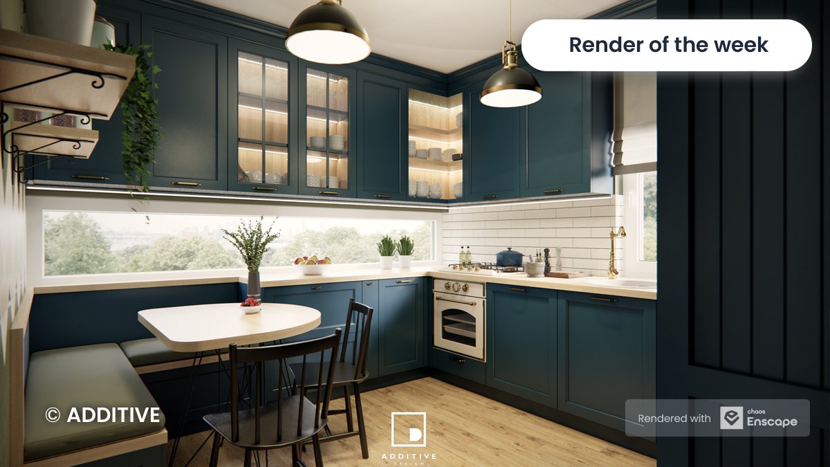 Presenting our latest #RenderOfTheWeek: an enchanting kitchen showcasing a delightful breakfast nook and killer view by Enscape user Radu Iacob from ADDITIVE. Let's hear it for Radu and the delightful balance of hues, textures, and lighting he has achieved in this design! ✨