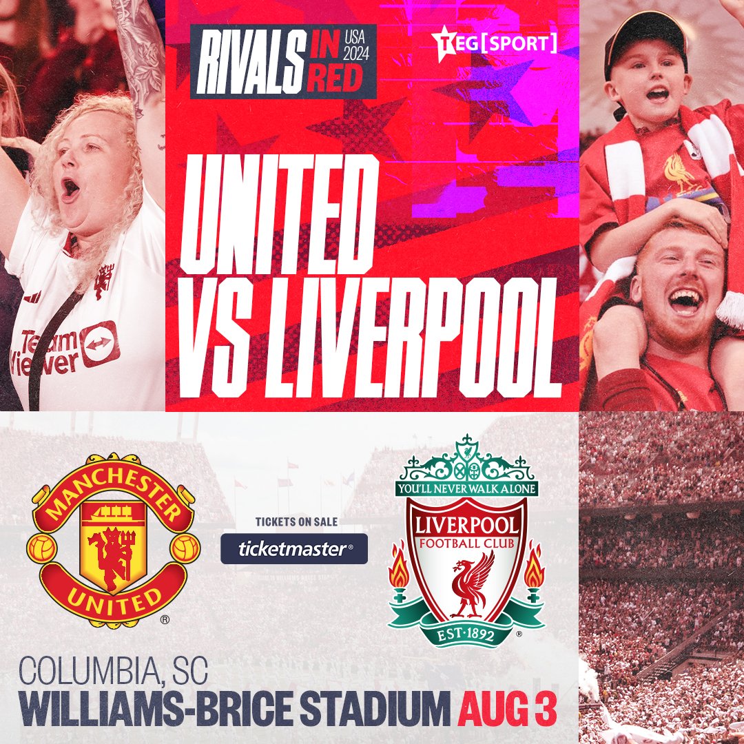 Historic international soccer match is set for August 3 at Williams-Brice Stadium!

@ManUtd will take on @LFC in @columbiasc.

Pre-sale opens 9 AM 2/26 | Tickets onsale 9 AM 2/27

More info + presale sign-ups here ➡️ bit.ly/RivalsInRedCol…

#RivalsInRed