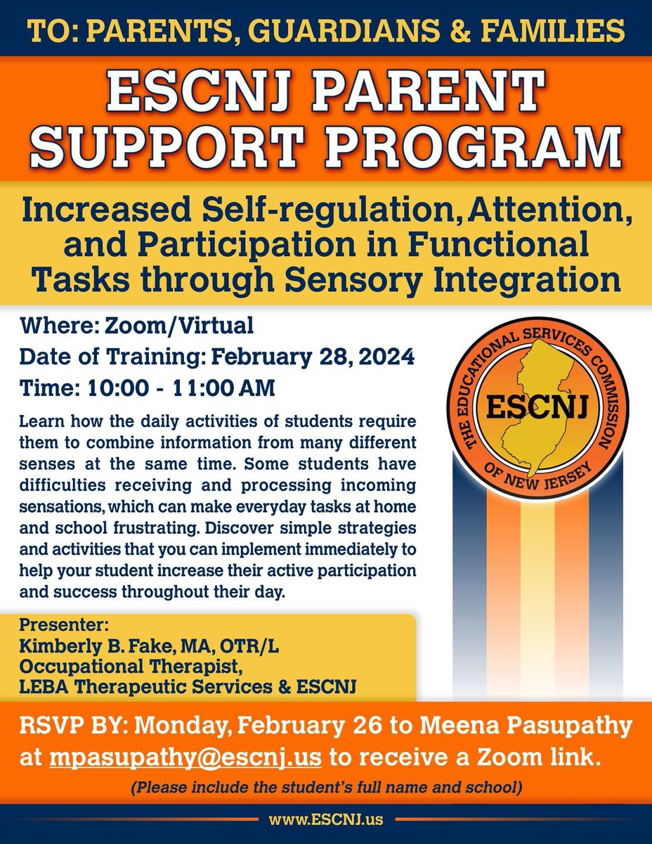You won’t want to miss the upcoming ESCNJ Parent Support Program: Increased Self-Regulation, Attention and Participation in Functional Tasks through Sensory Integration

RSVP by Monday, February 26 to Meena Pasupathy at mpasupathy@escnj.us to receive a Zoom link. #ESCNJ