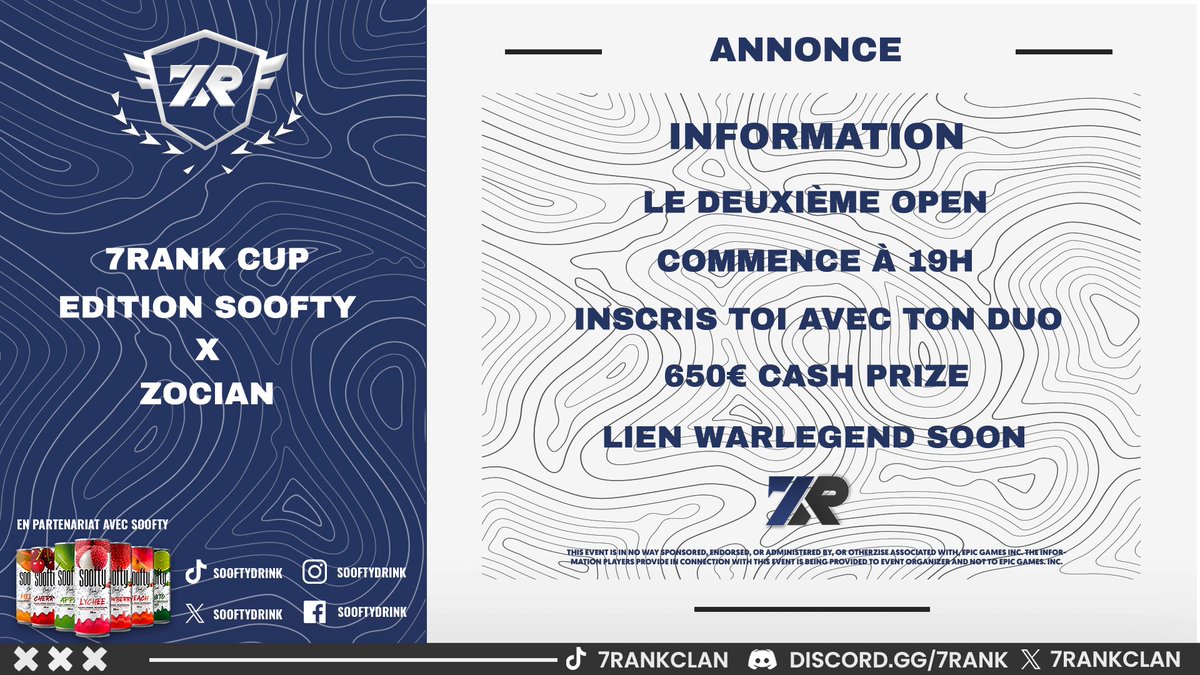 7Rank ⚔️ (@7rankclan) on Twitter photo Le deuxième open de la 7R Cup édition <a href="/SooftyDrink/">Soofty Drink</a> commence à 19h ! 🏆
Inscris-toi juste ici : wls.gg/7Rank/events/S… 👈 Le deuxième open de la 7R Cup édition <a href="/SooftyDrink/">Soofty Drink</a> commence à 19h ! 🏆
Inscris-toi juste ici : wls.gg/7Rank/events/S… 👈