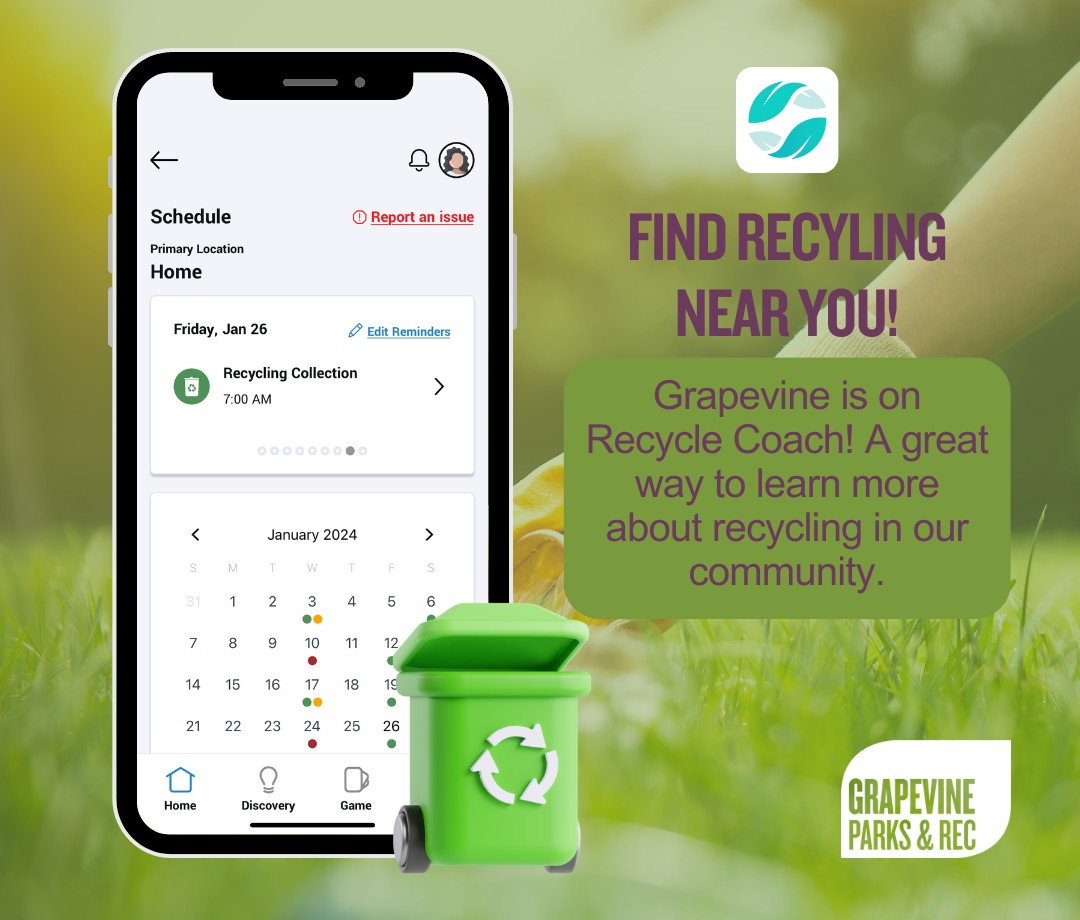 ♻️ Grapevine is on Recycle Coach! 📲 Become a recycling pro with simple tips and helpful reminders tailored for our community. 💙 Let's work unite to keep Grapevine green and sustainable. Together, we can ensure a litter-free future in our amazing city! 🌿 #LitterEndsWithUs