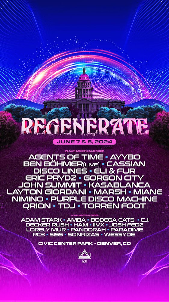 The wait is finally over… The Regenerate lineup for 2024 has finally arrived. 🔥 See you at Civic Center Park June 7th + 8th. 2 day passes + VIP experiences available.

Presale kicks off Wednesday 2/28 at 10am with code YEARTWO

Tickets on sale Friday March 1st

See you soon 🖤