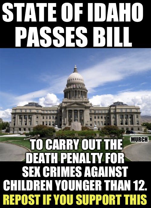 I would like to see all conservative states (the liberals won’t) pass bills like this. We need to be harsh on criminals who commit heinous acts like this. 

No leniency! 

Who agrees with Idaho? 🙋‍♂️
