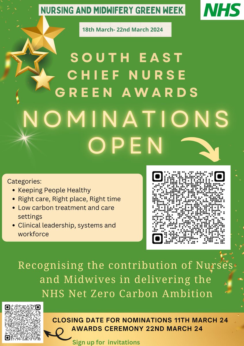 Nominations open for Nurses and Midwives in the South East working together on the Green and Sustainability agenda. Nominate your colleagues and teams in the  four categories below ⏬️ #greenernursesandmidwives #greenerrnrm #SEgreennhs
