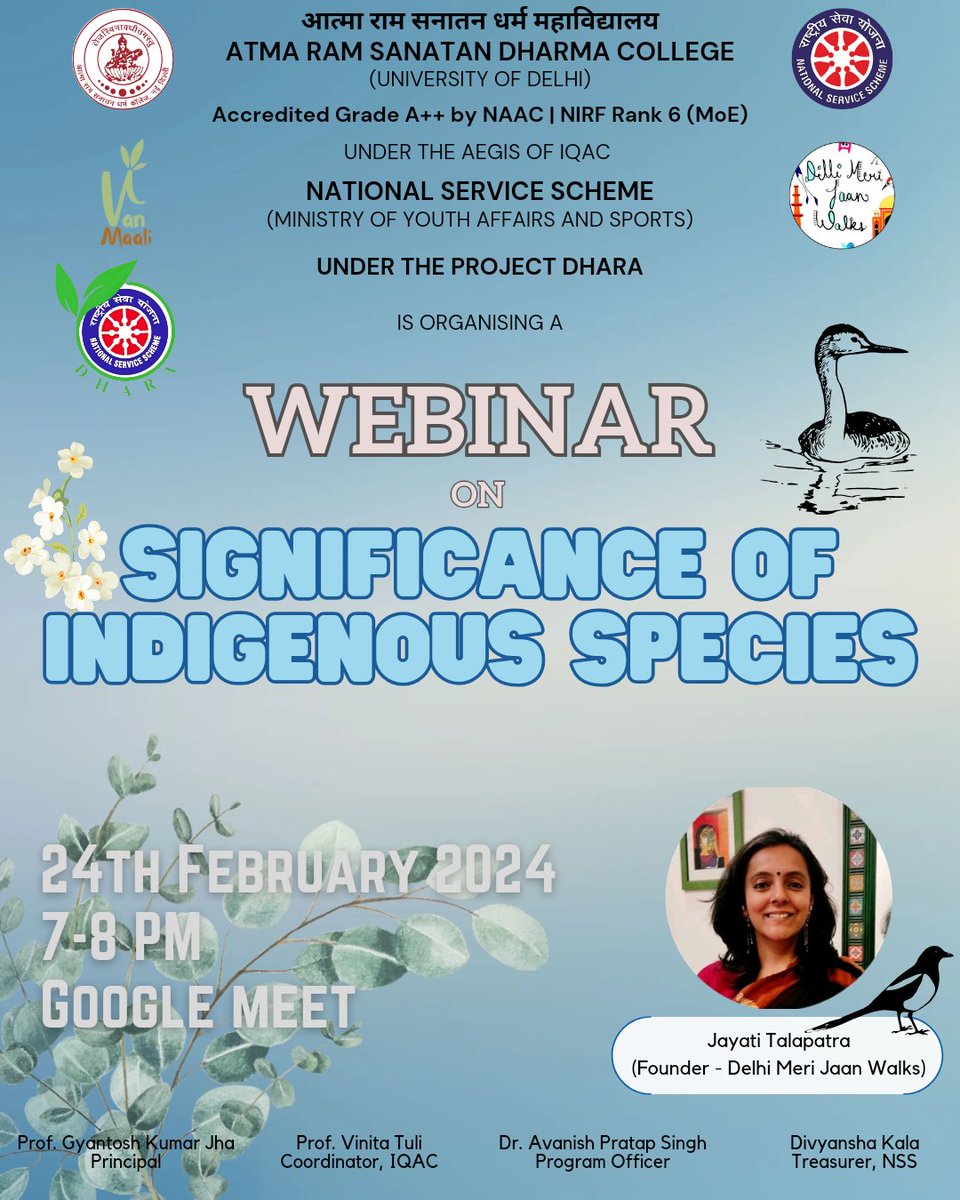 arsdcollegedu's tweet photo. NSS ARSD invites you to embark on a journey of ecological enlightenment as we present a riveting 💻webinar on the ▪️SIGNIFICANCE OF INDIGENOUS SPECIES featuring Jayati Talapatra, Founder of Delhi Meri Jaan Walks, under our PROJECT DHARA.
#NSSARSD #ProjectDhara #IndigenousSpecies https://t.co/xzsJNSgCP0