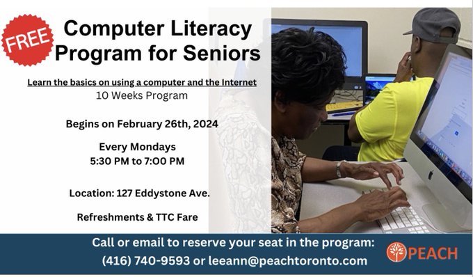 DownsviewAdv's tweet photo. Support @PEACHToronto's Computer Literacy Program for seniors! Donate your used laptops and desktops! 🌐 Drop-off at 127 Eddystone Ave, North York, Mon-Fri, 9:30 AM-4:30 PM. For GTA pickups, email executive.director@peachtoronto.com. Let's bridge the digital gap! #TechForSenior https://t.co/lbZN0te5t8