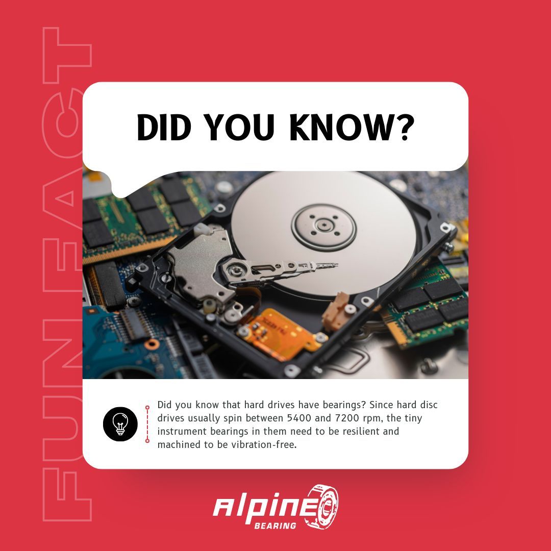 AlpineBearing's tweet photo. Did you know that #harddrives have bearings? Since hard disc drives usually spin between 5400 and 7200 rpm, the tiny instrument bearings in them need to be resilient and machined to be vibration-free. https://t.co/82aXUfBjV6 https://t.co/uxZQer4AM0