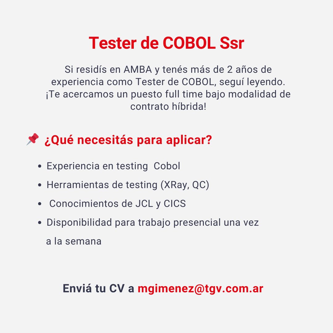 TGV_arg's tweet photo. ¡Búsquedas híbridas para el fin de semana!

 Te compartimos dos vacantes para que te sumes al #TeamTGV:

 ✅ Tester de COBOL

 ✅ Consultor SAP FI

 ¡Queremos conocerte! Enviá tu CV a las direcciones de cada convocatoria ✉️

 #GrupoTGV #MundoIT https://t.co/3F2x0U7n9G