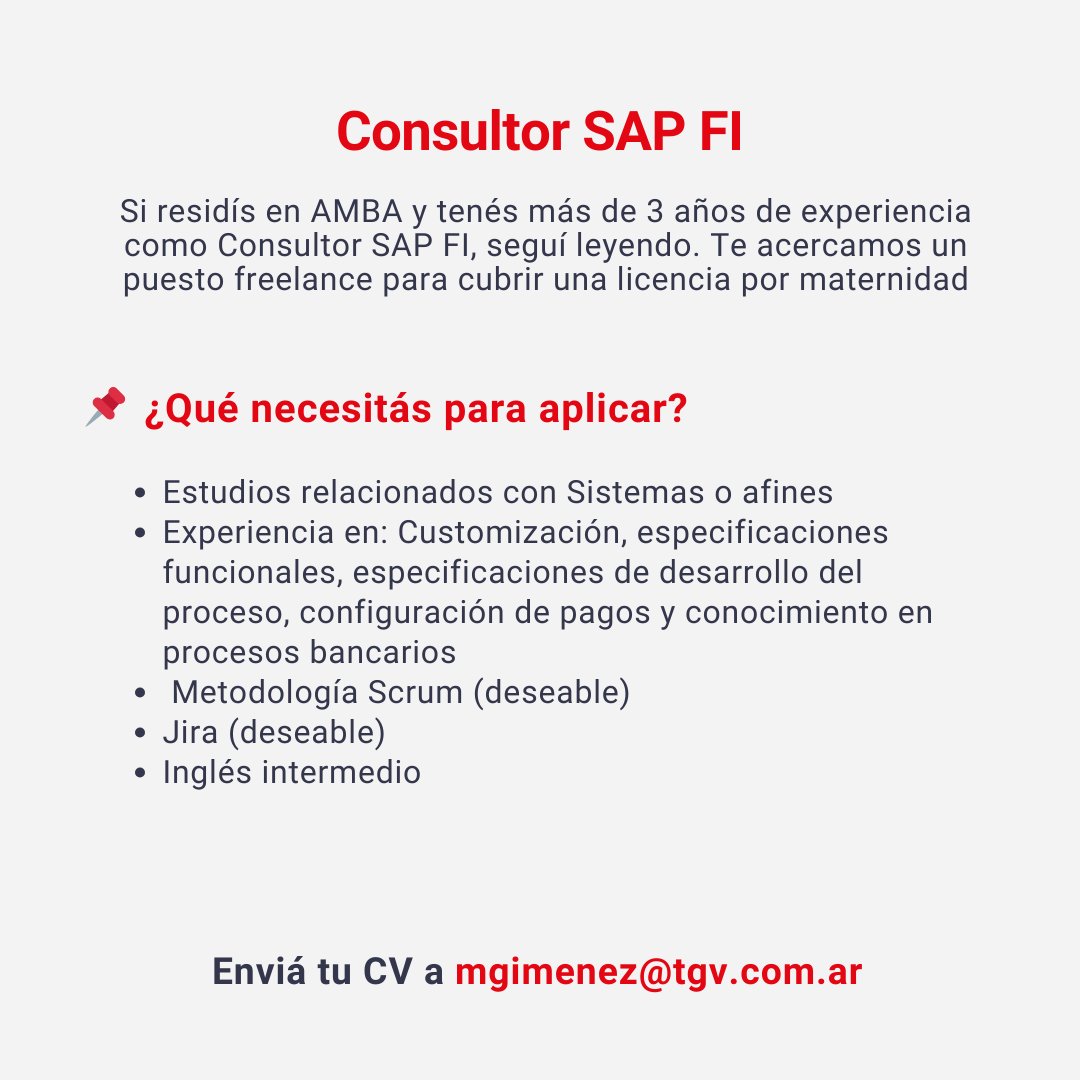 ¡Búsquedas híbridas para el fin de semana!

 Te compartimos dos vacantes para que te sumes al #TeamTGV:

 ✅ Tester de COBOL

 ✅ Consultor SAP FI

 ¡Queremos conocerte! Enviá tu CV a las direcciones de cada convocatoria ✉️

 #GrupoTGV #MundoIT