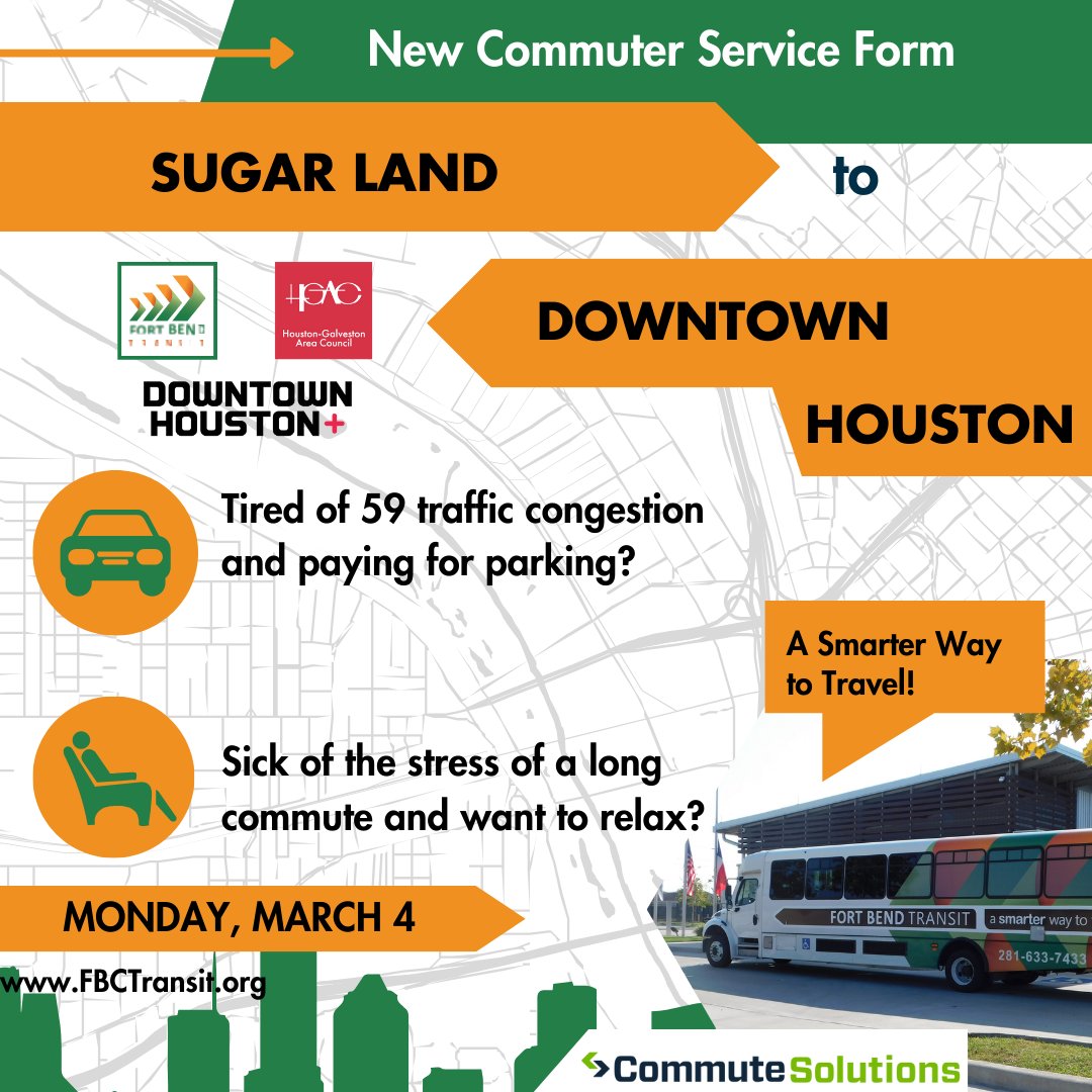 HouGalvAreaCog's tweet photo. Say goodbye to US 59 traffic woes! πβ¨
Starting March 4, 2024, hop aboard the brand-new Fort Bend Transit to Downtown Houston bus service.
For details, contact Fort Bend Transit at 281-633-7433 or visit https://t.co/98Wc2cntMs.
#CommuteRelief #FortBendTransit https://t.co/7u5gEHgfkU