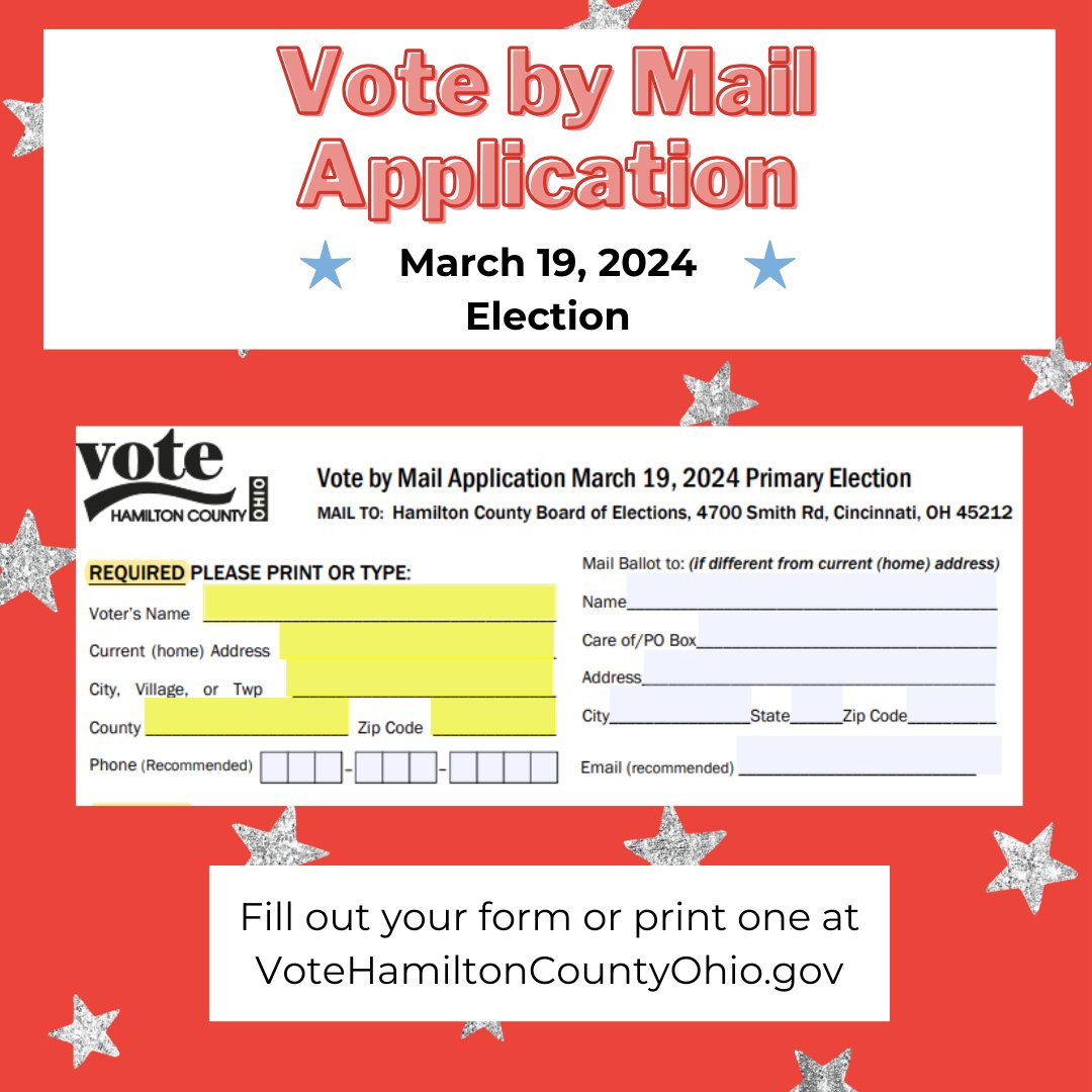 There is another election coming up soon! We are now accepting Absentee Vote by Mail Applications for the March 19, 2024 Presidential Primary Election. Applications are available to be printed online at VoteHamiltonCountyOhio.gov or you can call us at (513) 632-7000.