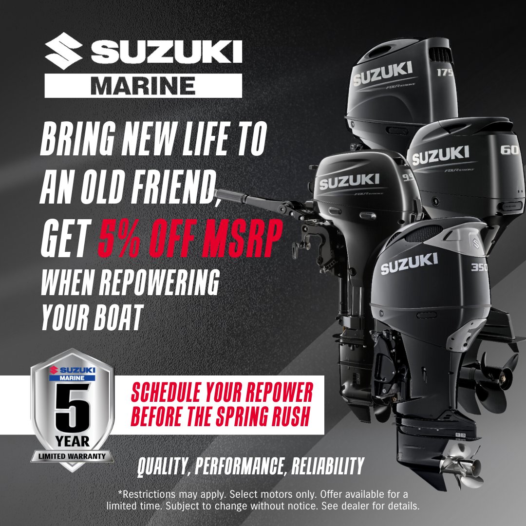 Suzuki Canada on X: Dive into savings with Suzuki Canada's Repower and  Save special! 🌊 Refresh your boat with 5% off MSRP on repowering. Skip the  spring rush - Book today and