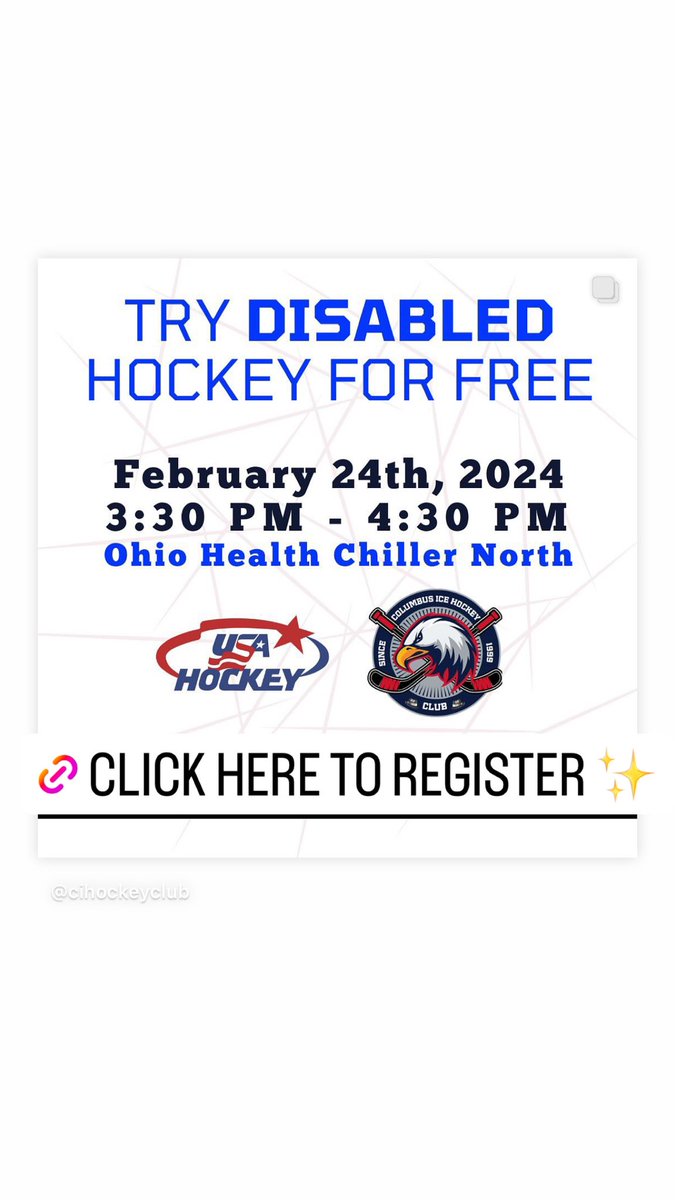 Tomorrow is TRY HOCKEY FOR FREE day! <a href="/usahockey/">USA Hockey</a> 

Join us at Ohio Health Chiller North for Try Disabled Hockey at 3:30 pm, and go straight into Try Hockey at 4:50 pm. 

The easiest way to register is by clicking THESE GRAPHICS when you’re on our website: columbushockeyclub.com.