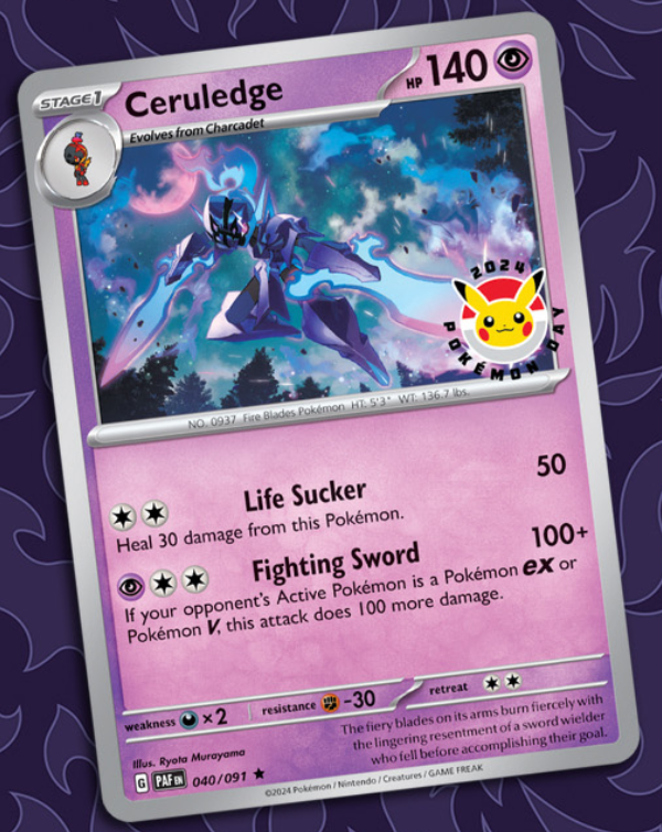 Pokemon Day Ceruledge Promo Card is available now with eligible purchases  on Pokemon Center! https://t.co/Ng8gtVMadL Use code PDAY2024 to add it to  your cart. Ends March 23rd. #PokemonDay