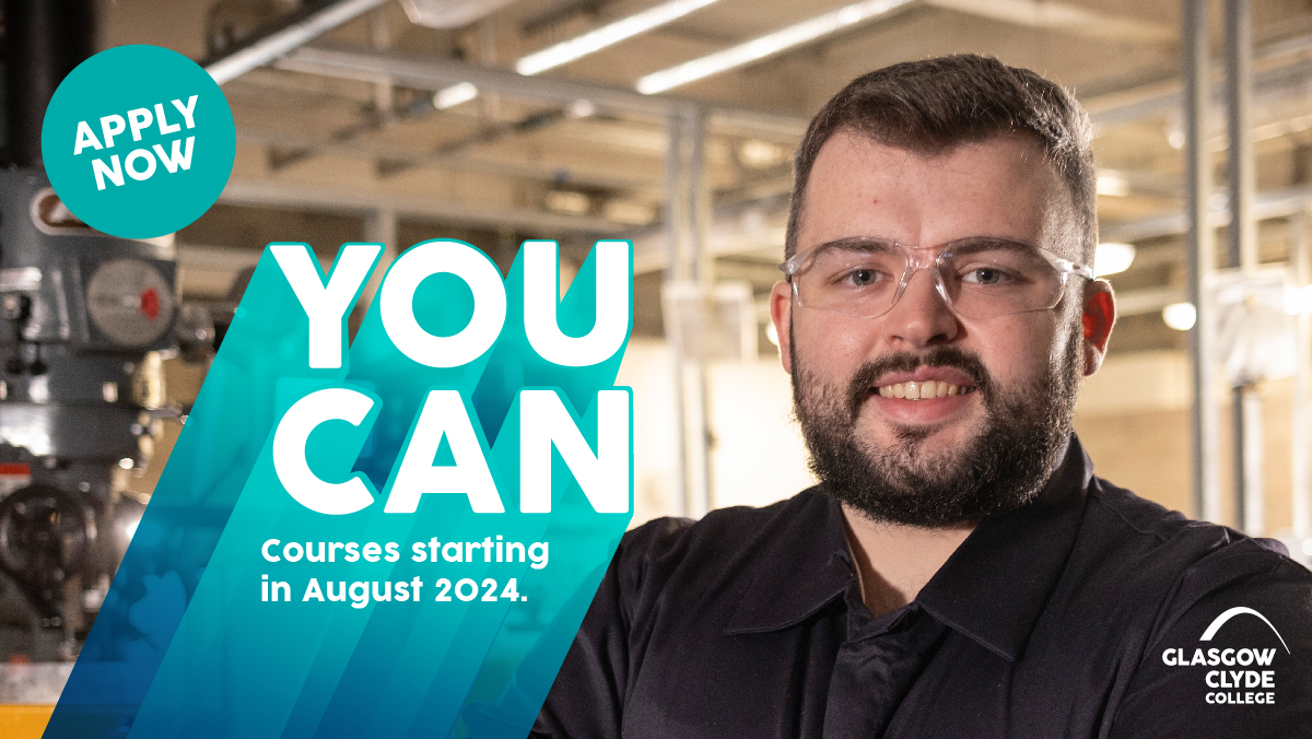 Whatever you want to achieve YOU CAN do it here at Glasgow Clyde College. With courses from Early Learning to Engineering and Social care to Sport, visit our website to take a look at our full range of courses. Apply today and start in August! ➡ bit.ly/3O9XhTx #YouCan