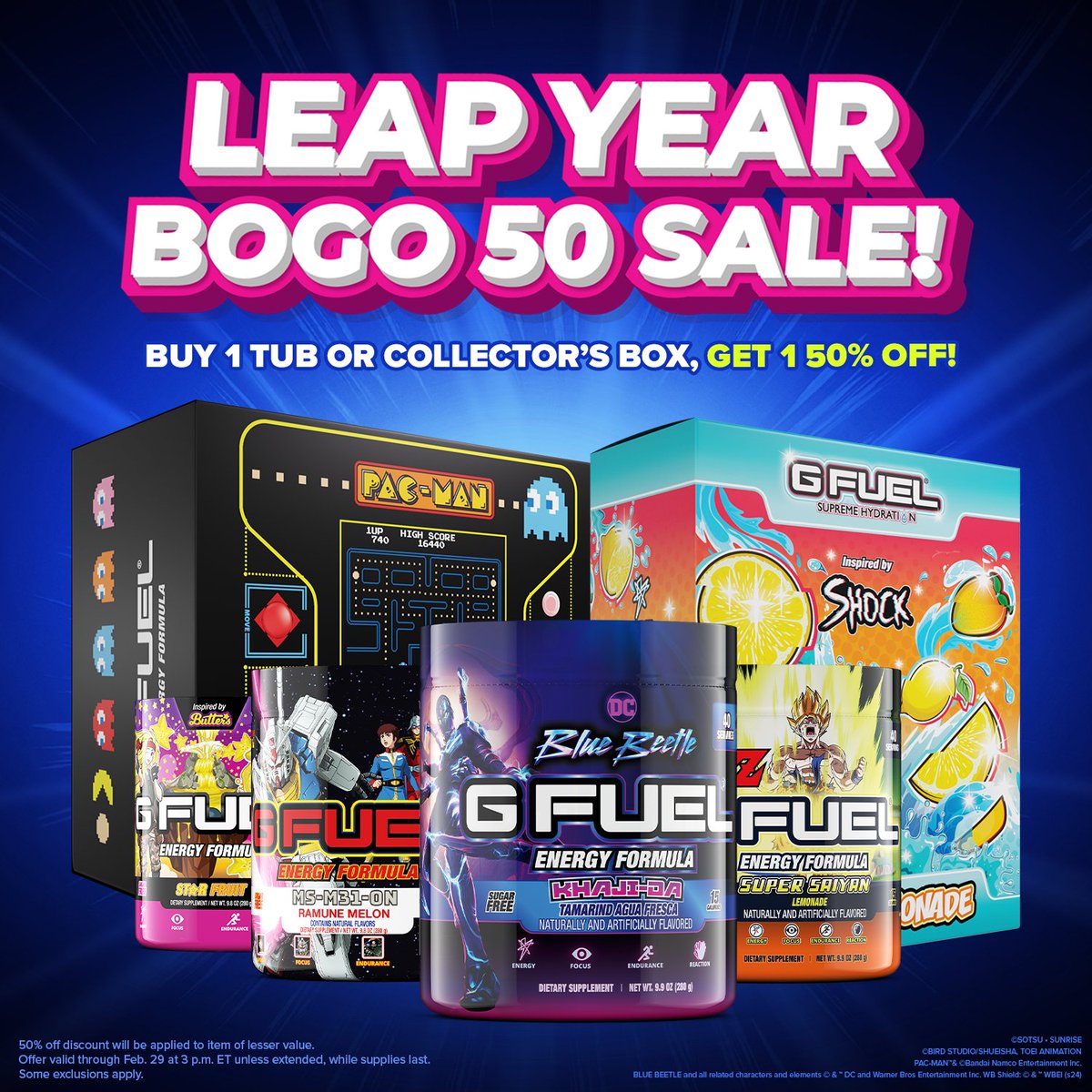 💜 𝗥𝗧 + 𝗙𝗢𝗟𝗟𝗢𝗪 to win a #GFUEL ENERGY TUB of your choice! 2 winners picked on Monday in honor of our 𝗕𝗢𝗚𝗢 𝟱𝟬 𝗦𝗔𝗟𝗘!

✅ Buy 1, Get 1 50% Off!
✅ Valid thru February 29th!
✅ Mix n' Match Tubs &amp; Boxes!

🛍️ 𝗦𝗛𝗢𝗣: GFUEL.ly/leap-year-bogo…