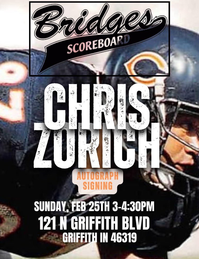 Hey @NDFootball & @ChicagoBears Fans I’ll be hanging out, taking pictures and signing autographs from 3pm - 4:30pm CST on Sunday (Feb 25) @Scoreboard121 in Griffith, IN Swing by if you can - would love to meet y’all‼️‼️ #GoIrish🍀 #NotreDame #DaBears🐻 #ChicagoBears