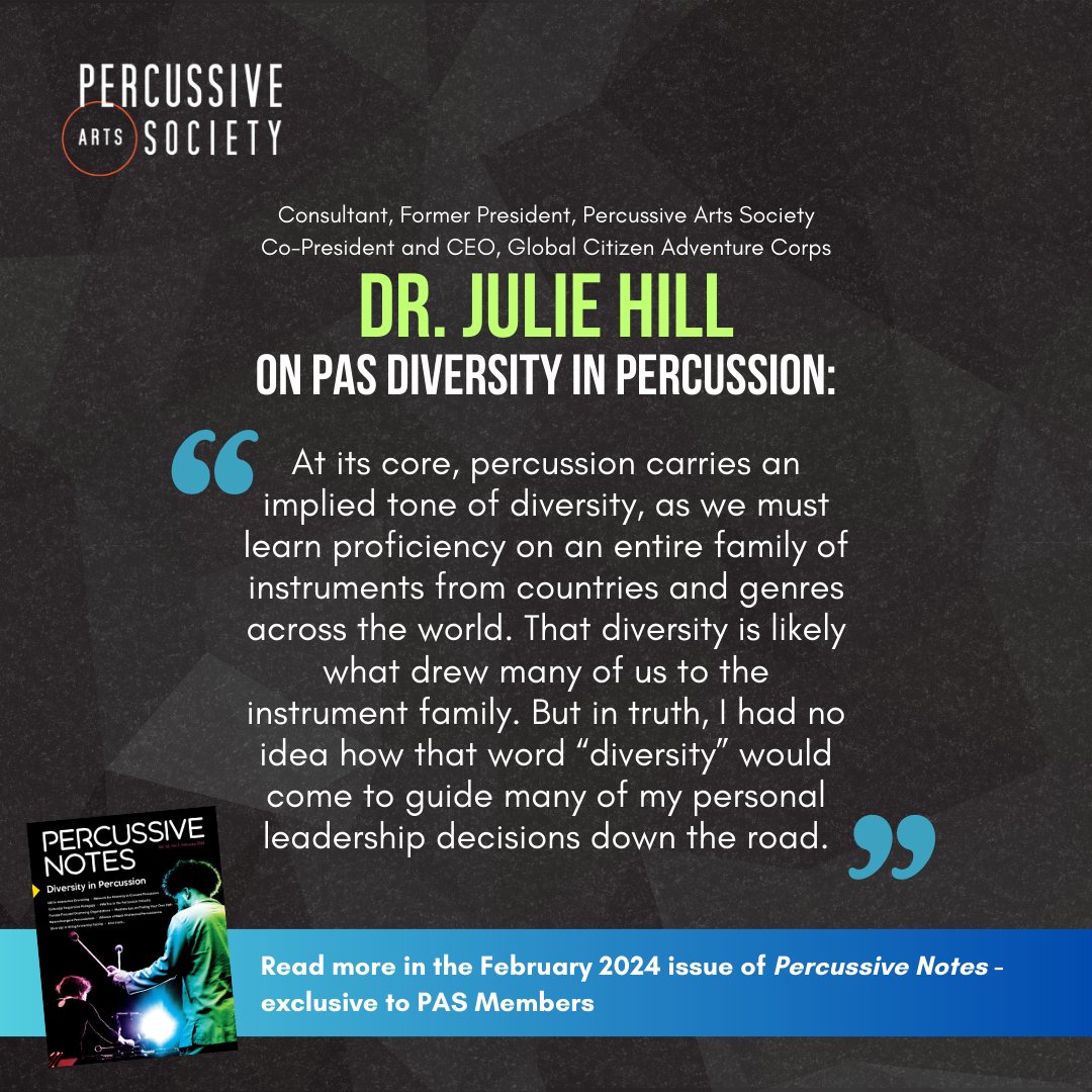 Percussive Notes is all about diversity in percussion. Learn about the history of DEI in interactive drumming, inclusive strategies for music classrooms, culturally responsive pedagogy, and so much more. PAS members can read the entire issue at pas.org/publications/p…
