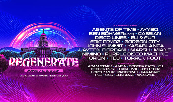 the regenerate festival 2024 lineup has arrived. join us at civic center park jun 7 + 8. 2-day passes + vip experiences available 🔥 presale begins weds, feb 28 at 10a ✨ tickets on sale fri, mar 1 at 10a⚡️