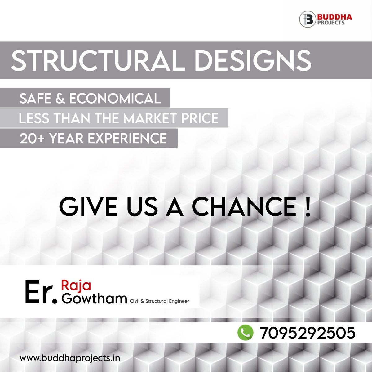 Give us a chance !
Providing structural designs for all types of constructions.

Contact : Er. Raja Gowtham
                  7095292505
#buddhaprojects #rajagowtham #Hyderabad #structuraldesigns #Construction #archi