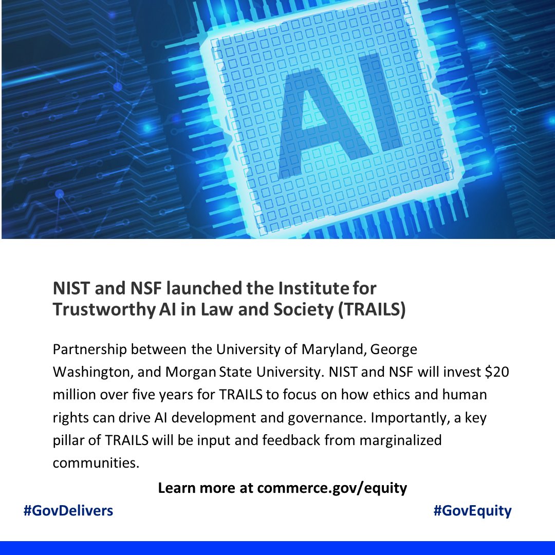 CommerceGov's tweet photo. We are continuing to make progress in delivering on equity & racial justice. In May we announced steps toward addressing harmful biases throughout the #AI system lifecycle, through Trustworthy AI in Law & Society launched by @NIST & @NSF. #GovEquity https://t.co/cmWdiiRUjS https://t.co/vVlEk4LzIp