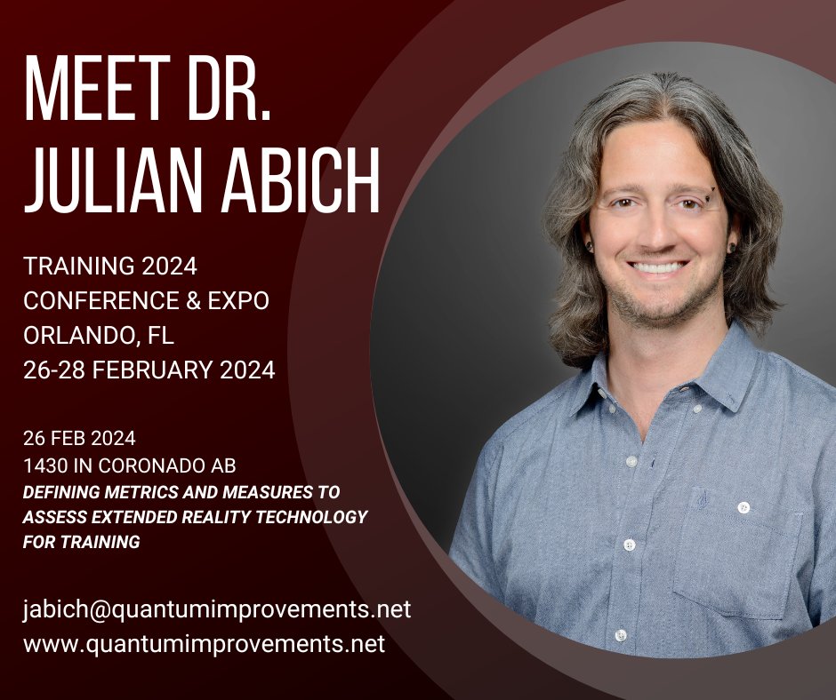 Catch up with Dr. Julian Abich at next week’s Training 2024 Conference & Expo by @TrainingMagUS! #trainwithqic #training #augmentedreality #virtualreality #technology #assessment #usability #womanownedsmallbusiness