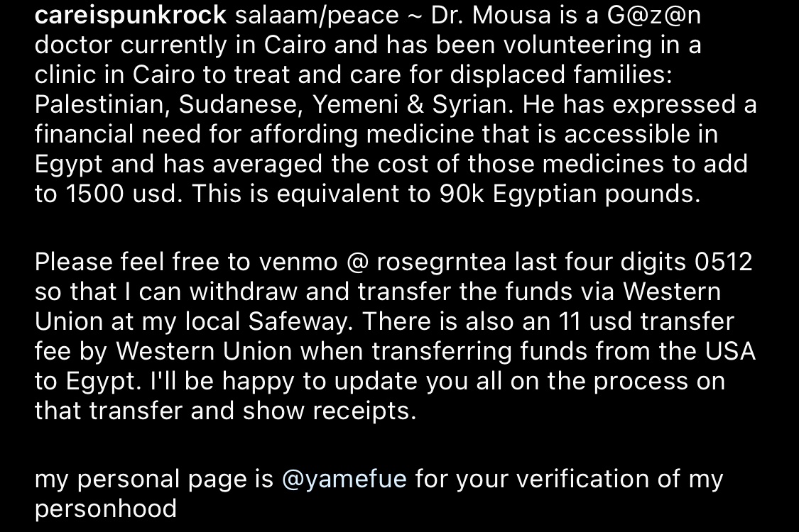 please share this mutual aid effort for funds to access/afford medicine in cairo to a g@z@n doctor, Dr. Mousa, serving displaced families ~