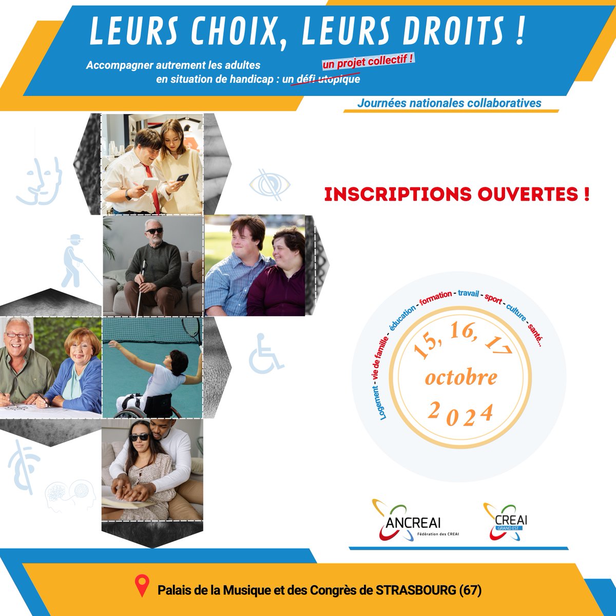 OUVERTURE DES INSCRIPTIONS📝 Les inscriptions aux journées nationales collaboratives 'Leurs choix, leurs droits' se poursuivent 🔹L'Ancreai et le CREAI Grand-Est vous donnent RDV du 15 au 17 oct 2024 au Palais de la Musique et des Congrès de Strasbourg 👉urlz.fr/pBhR