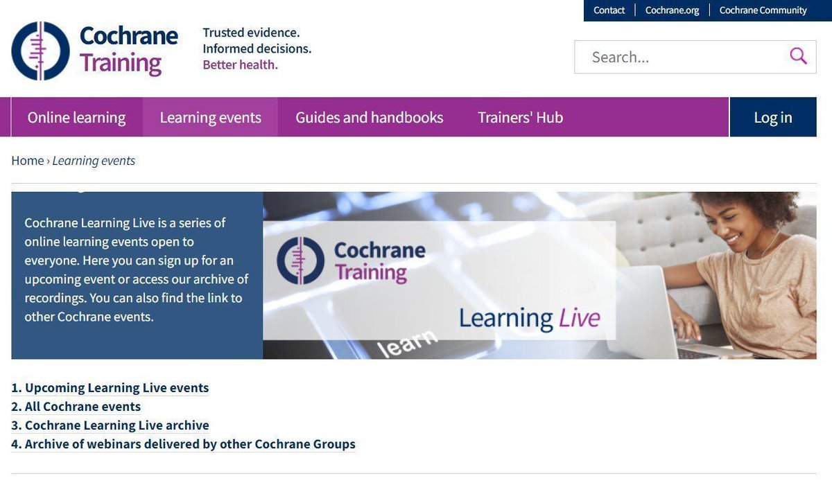 Our #cochranelearninglive webinar programme is for anyone interested in developing their #SystematicReview knowledge and skills 🤓 
💻 ➡️ Register for free webinars today! buff.ly/2ObFkZe