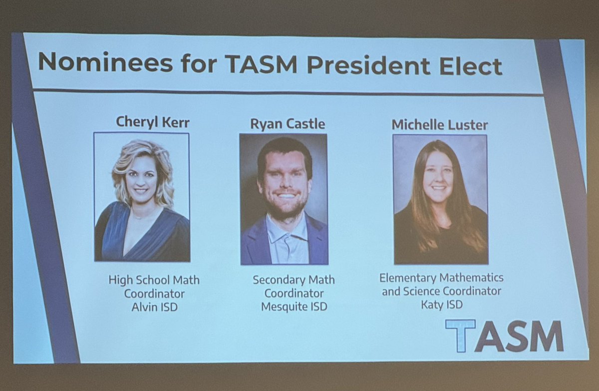 DaveSurdovel's tweet image. Here are all of the nominees for @MathLeaders President Elect, Vice President, and Treasurer as well as @MathEdLeaders President and Vice President - good luck to all! #TASMtalk